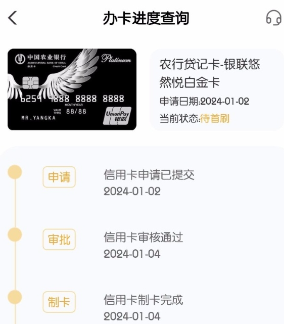 农行信用卡有水？申请的悠然悦白金卡通过审核